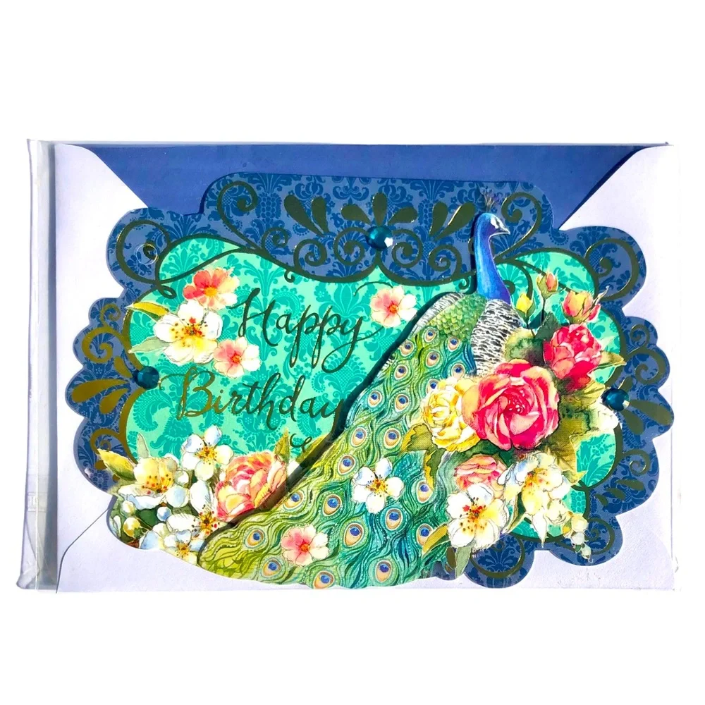 Punch Studio Single(1) 3D Die-Cut Birthday Peacock Card Env+Seal 5” x 7” (68721)